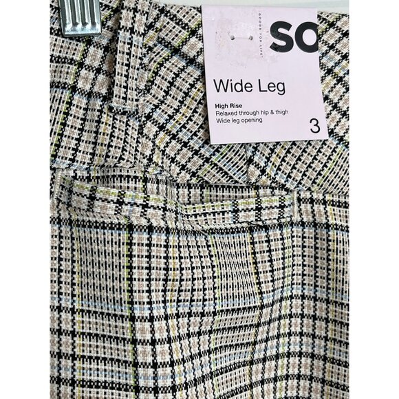 SO Wide Leg Pants Women’s 3 High Rise Plaid Tan Black Work Casual - Picture 5 of 8